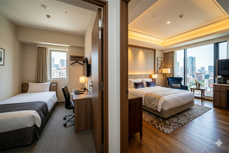 ビジネスホテルとシティホテルの客室や設備の違いを比較した写真